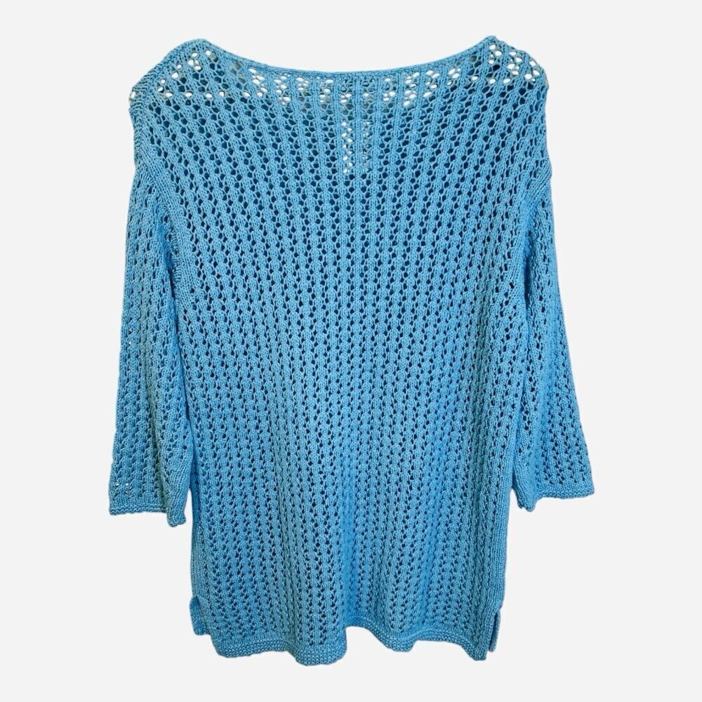 J. Jill Turquoise Open Stitch Knit Aegean Small Pullover 3/4 Sleeve Sweater NWT - Picture 4 of 10